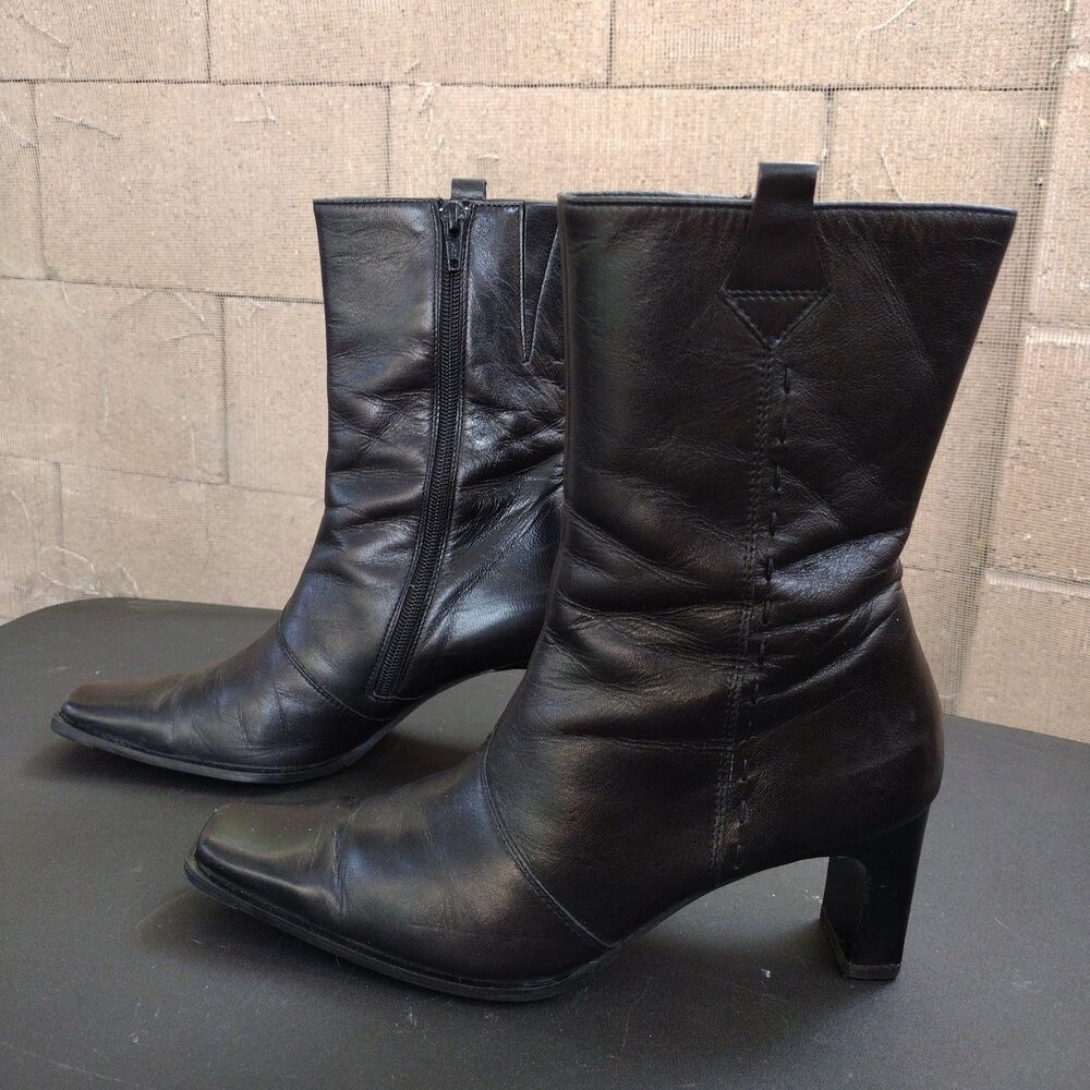 Paul Green Womens Black Square Toe Stitched Leather Mid Calf Boots Sz UK4 US 6.5